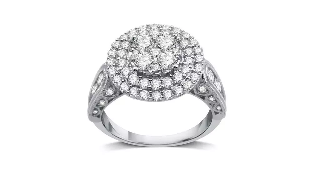 2 CTTW Diamond Cluster Double Frame Engagement Ring In 10K Gold - Primary Image