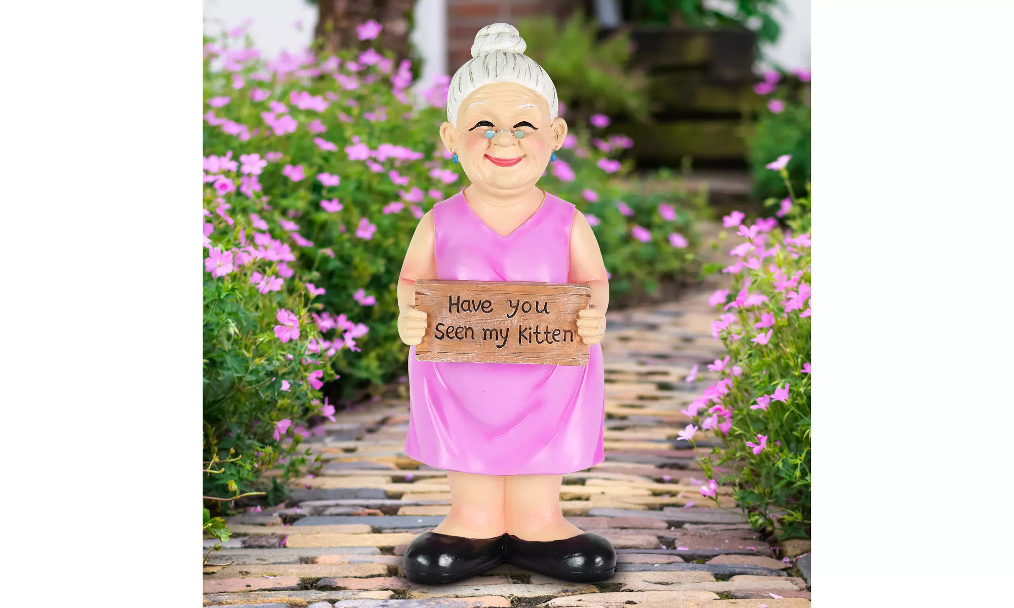 Exhart Old Lady Garden Statue with "Have You Seen My Kitten" Sign, 6x13.5 Inches - Primary Image