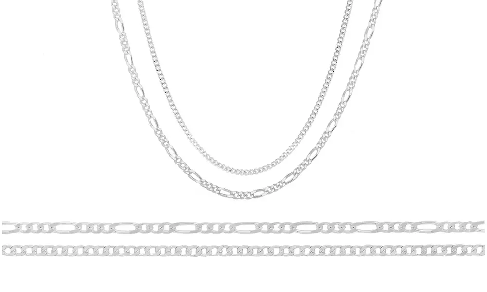 Solid Italian Curb and Figaro Chain Set in Sterling Silver(2 Pack) - Primary Image