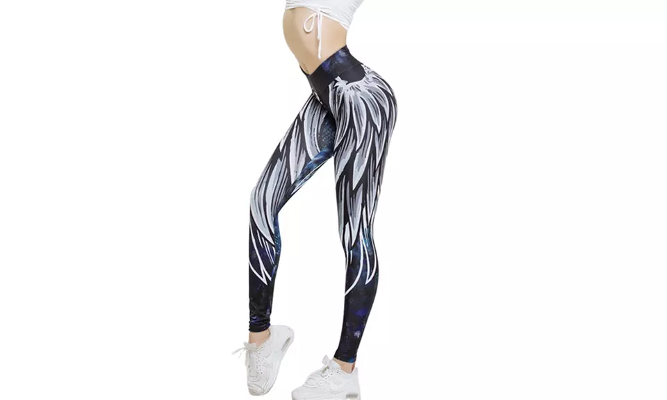 New Women Angel Wing Feather Printed Gym Workout Fitness Yoga Pants - Primary Image