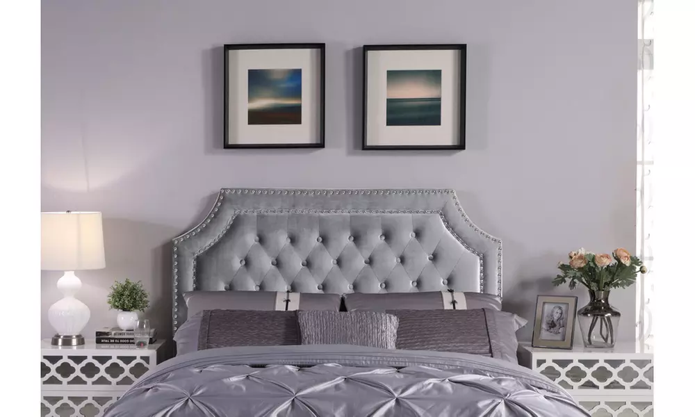 Bacchus Velvet-Upholstered Button-Tufted Headboard with Double-Row Silver Nailhead Trim - Primary Image