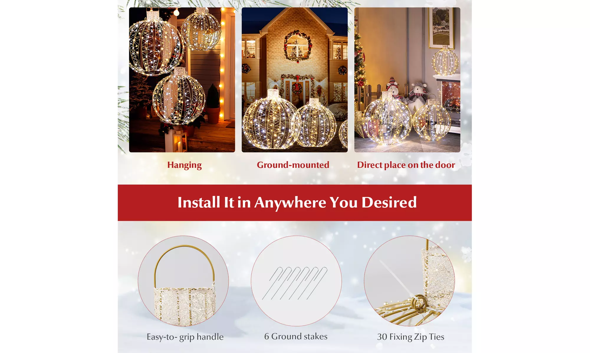 Costway Christmas LED Light Balls Outdoor Hanging Light Spheres 360 Lights