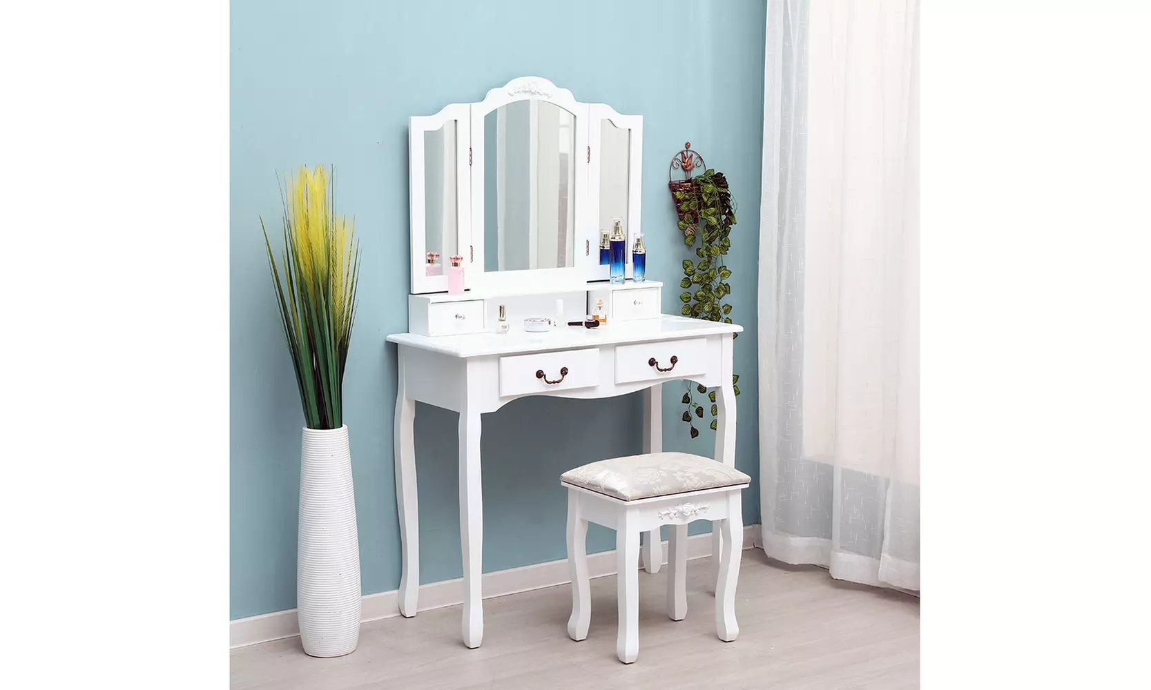 3-fold Mirror Dressing Table Vanity Table Makeup Desk Black - Primary Image