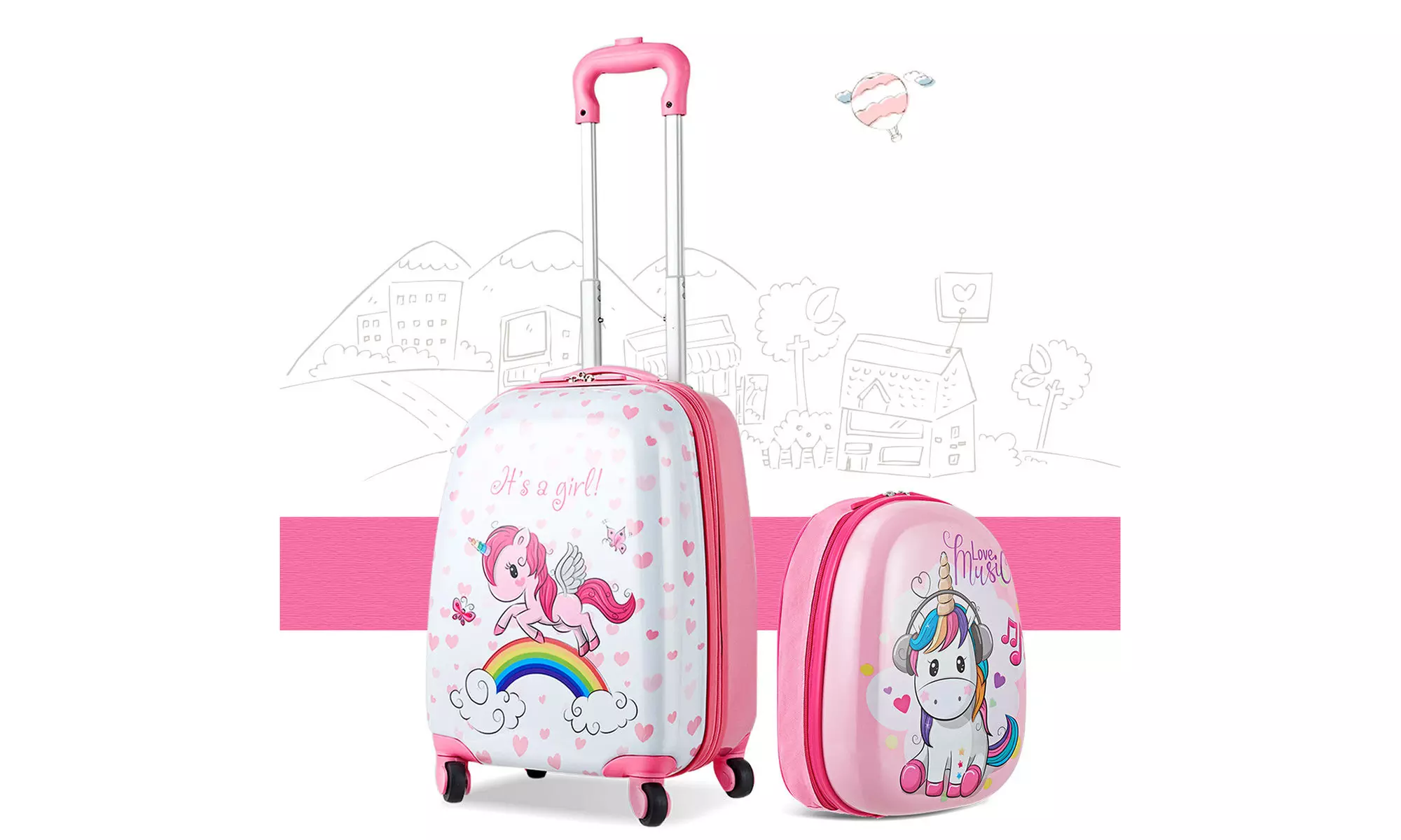 Costway 2PC Kids Luggage Set 12'' Backpack & 16'' Rolling Suitcase Horse