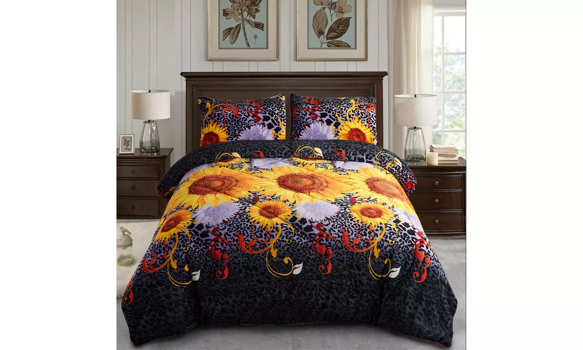 JML 3-Piece Printed Fleece Sherpa Down Alternative Comforter Set Queen King