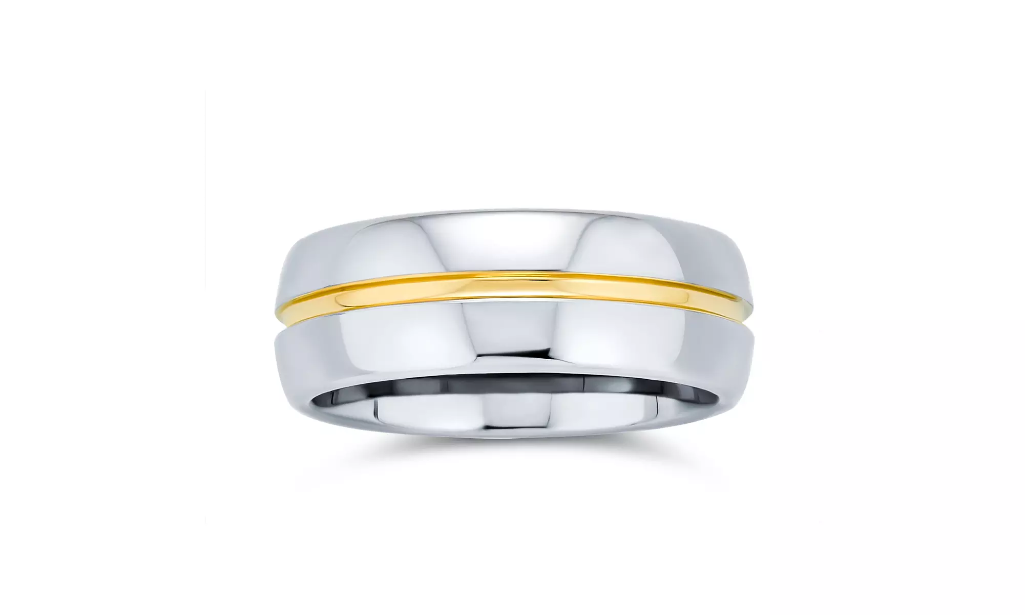 Two Tone Golden Stripe Wedding Band Gold Plated Titanium Ring 8MM - Primary Image