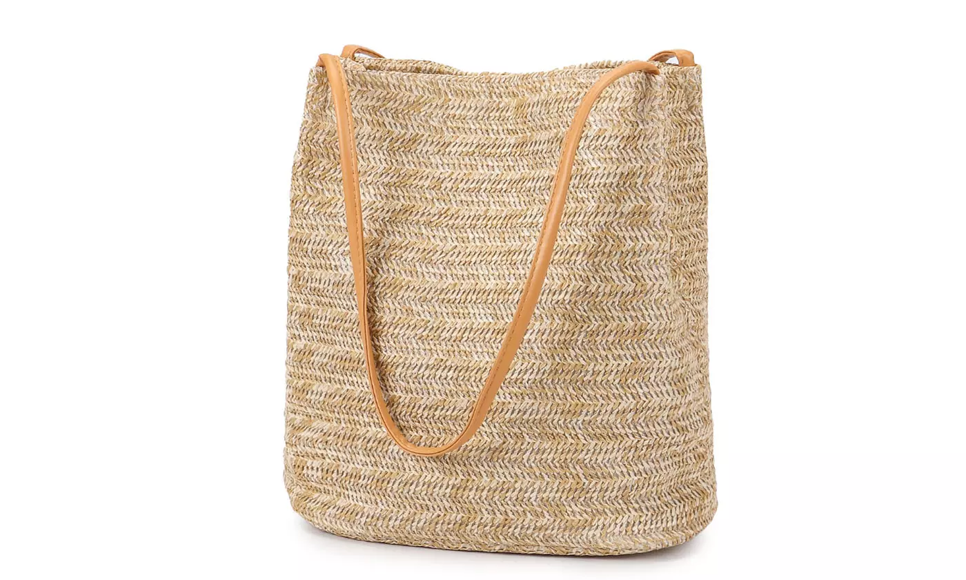 Women Woven Handbag Summer Beach Tote Straw Bag Square Rattan Shoulder Bag