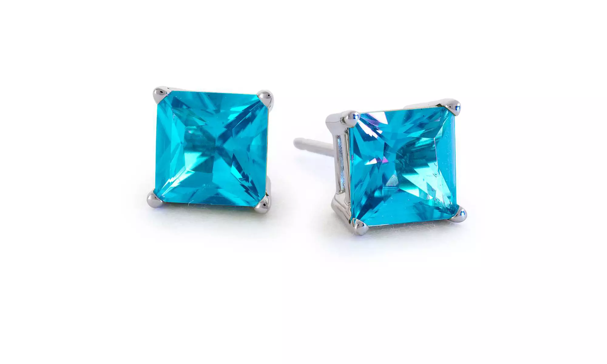 14k White Gold Plated 1 Ct Princess Cut London Blue Topaz Stud Earrings - Second Medium