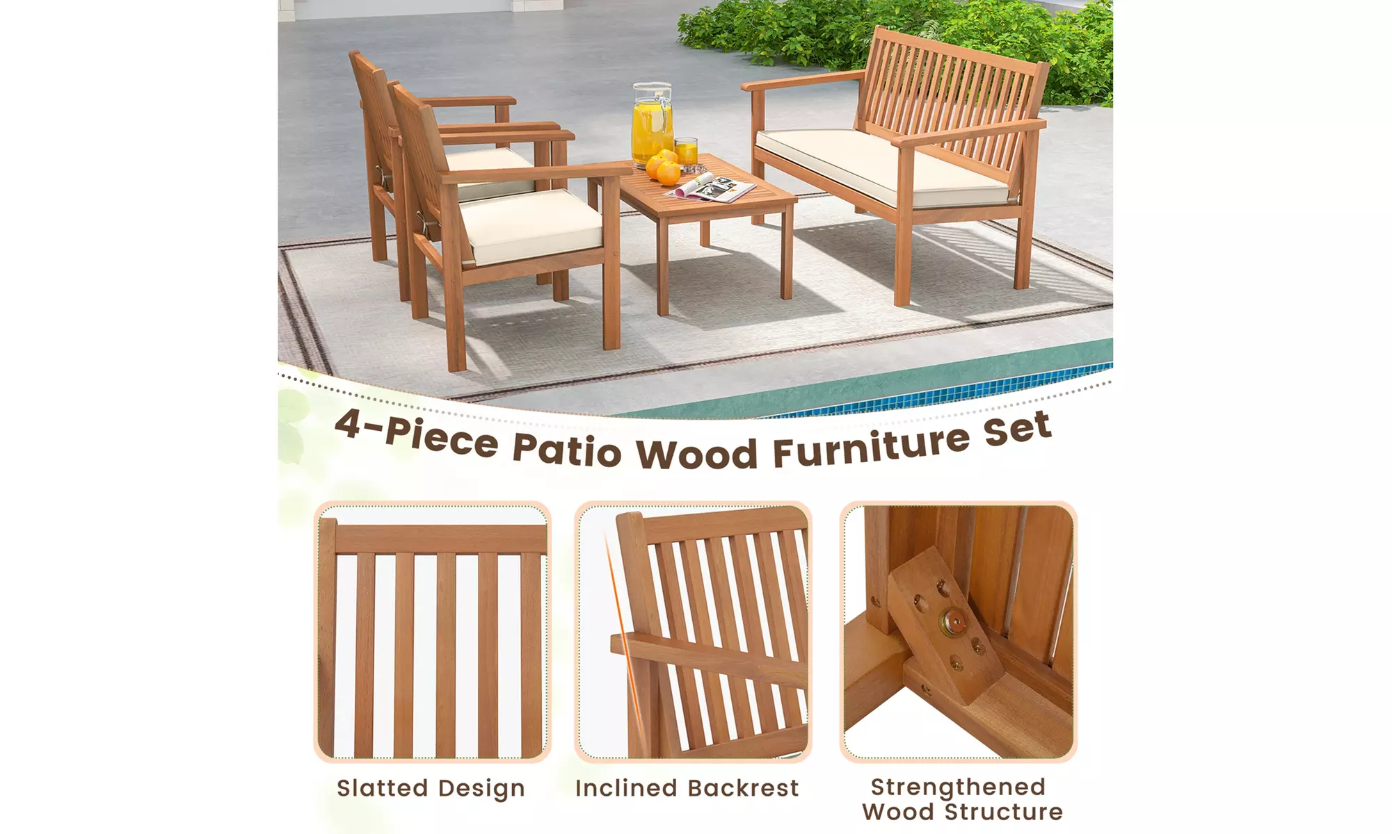 Costway 4 PCS Patio Wood Furniture Set with Loveseat, 2 Chairs & Coffee Table