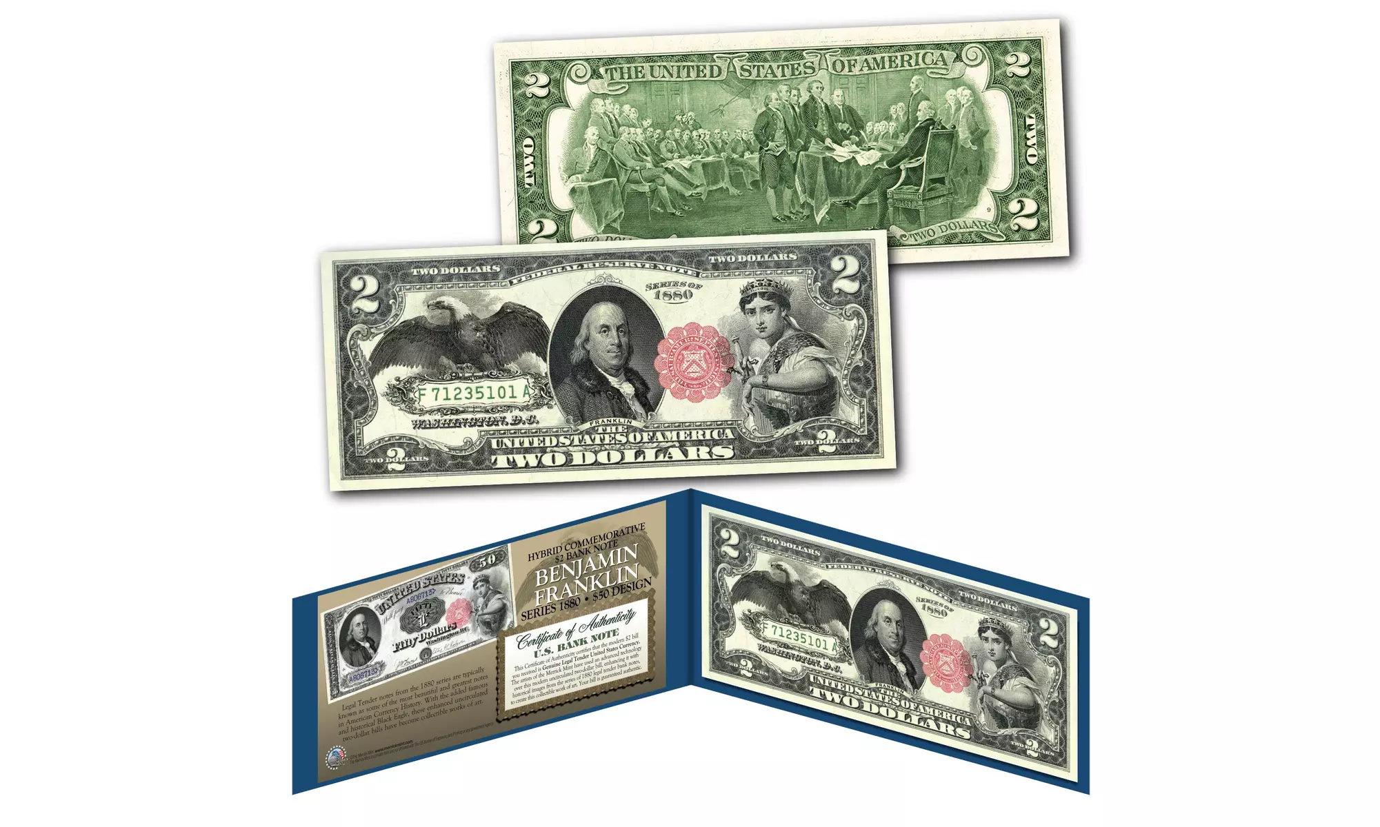 1880 Series BENJAMIN FRANKLIN Hybrid Commemorative Note on Modern 2 Dollar Bill - Primary Image