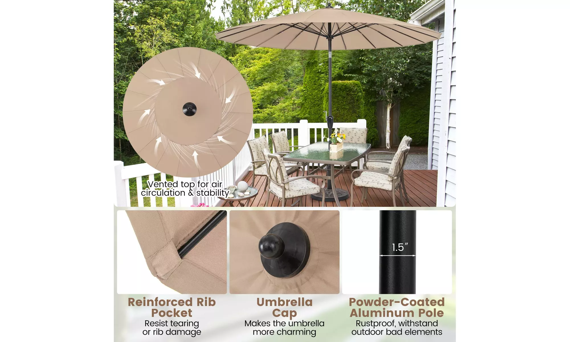 Costway 9 FT Round Patio Umbrella with Push Button Tilt & Crank Handle