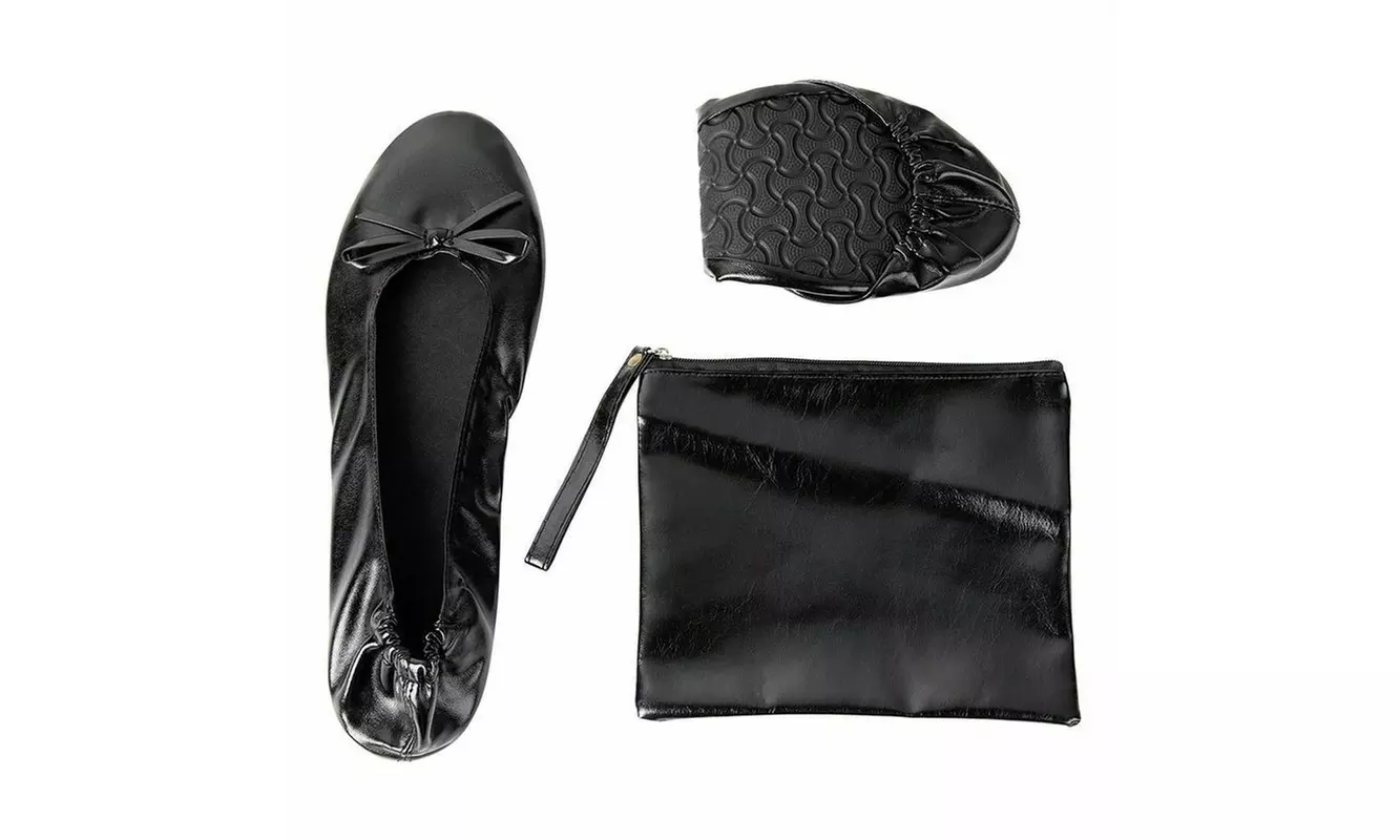 Women's Foldable Ballet Flats Roll up Shoes with Pouch, Black, L, US 8.5 - 9.5 - Primary Image