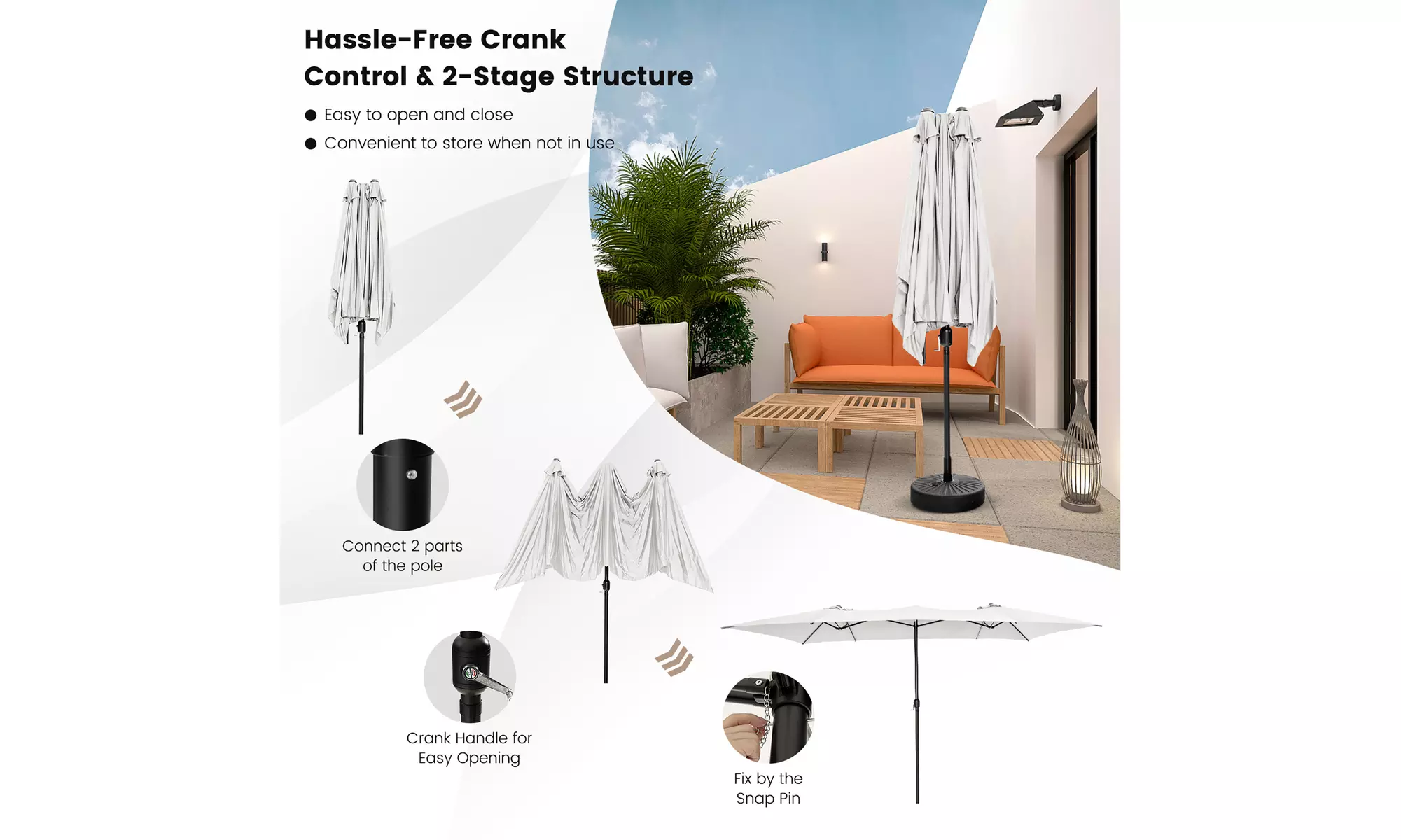 Costway 15FT Double-Sided Patio Market Umbrella Large Crank Handle Vented