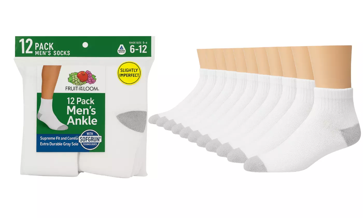 12 Pairs Fruit of the Loom Men's Ankle Socks