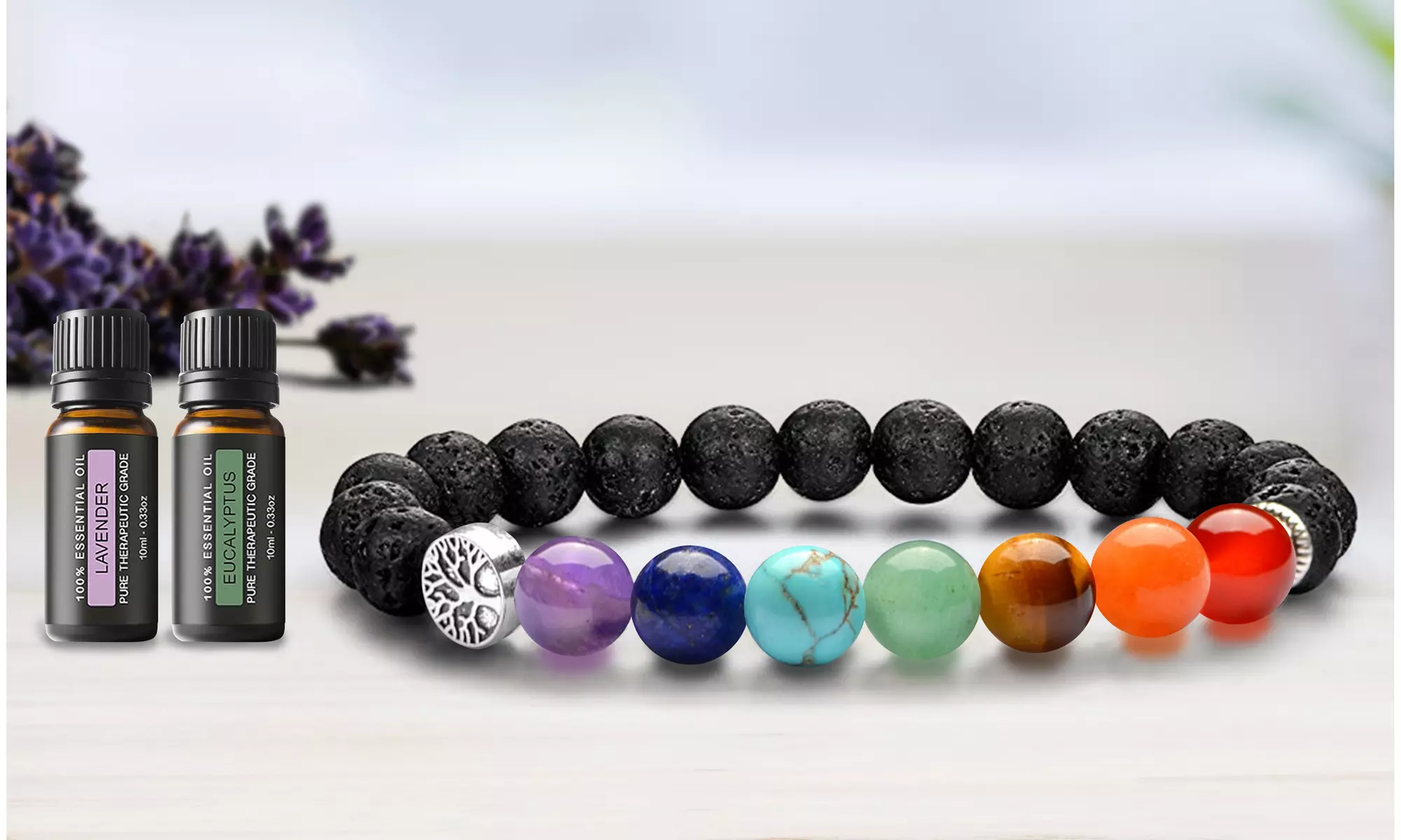 Lava Stone Chakra Diffuser Bracelet with Optional Essential Oils - Primary Image