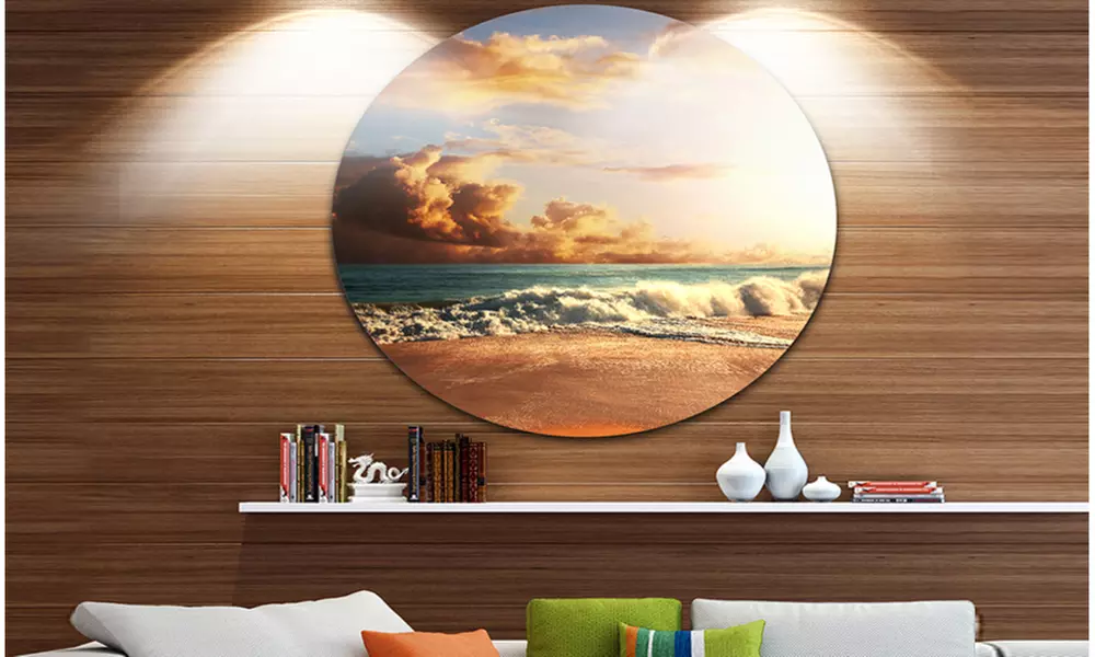 Fast Moving Dark Clouds Over Beach' Beach Metal Circle Wall Art - Primary Image