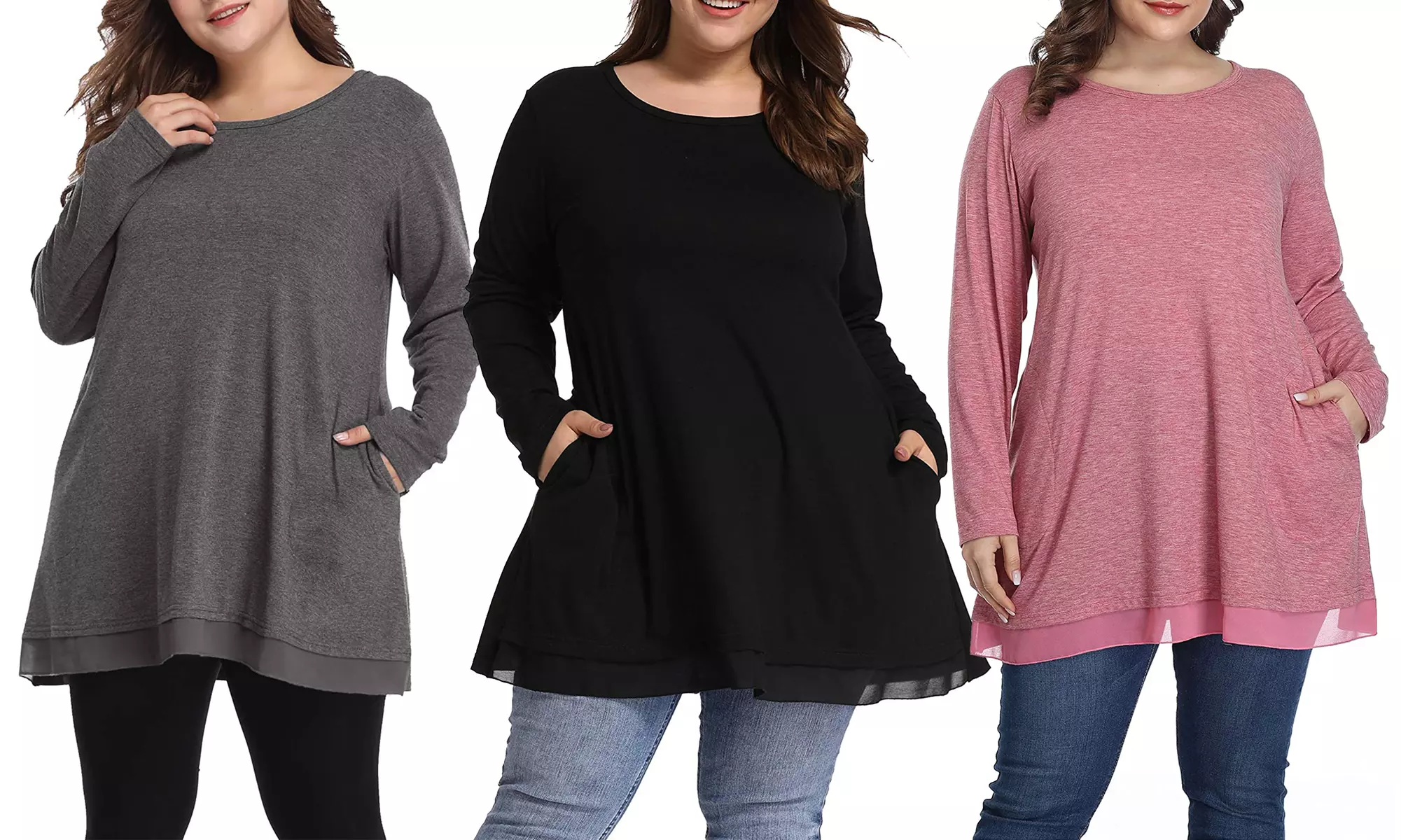 Women's Plus Size Chiffon Hem Tunic Tops Long Sleeve Pocket Shirts Blouse - Primary Image