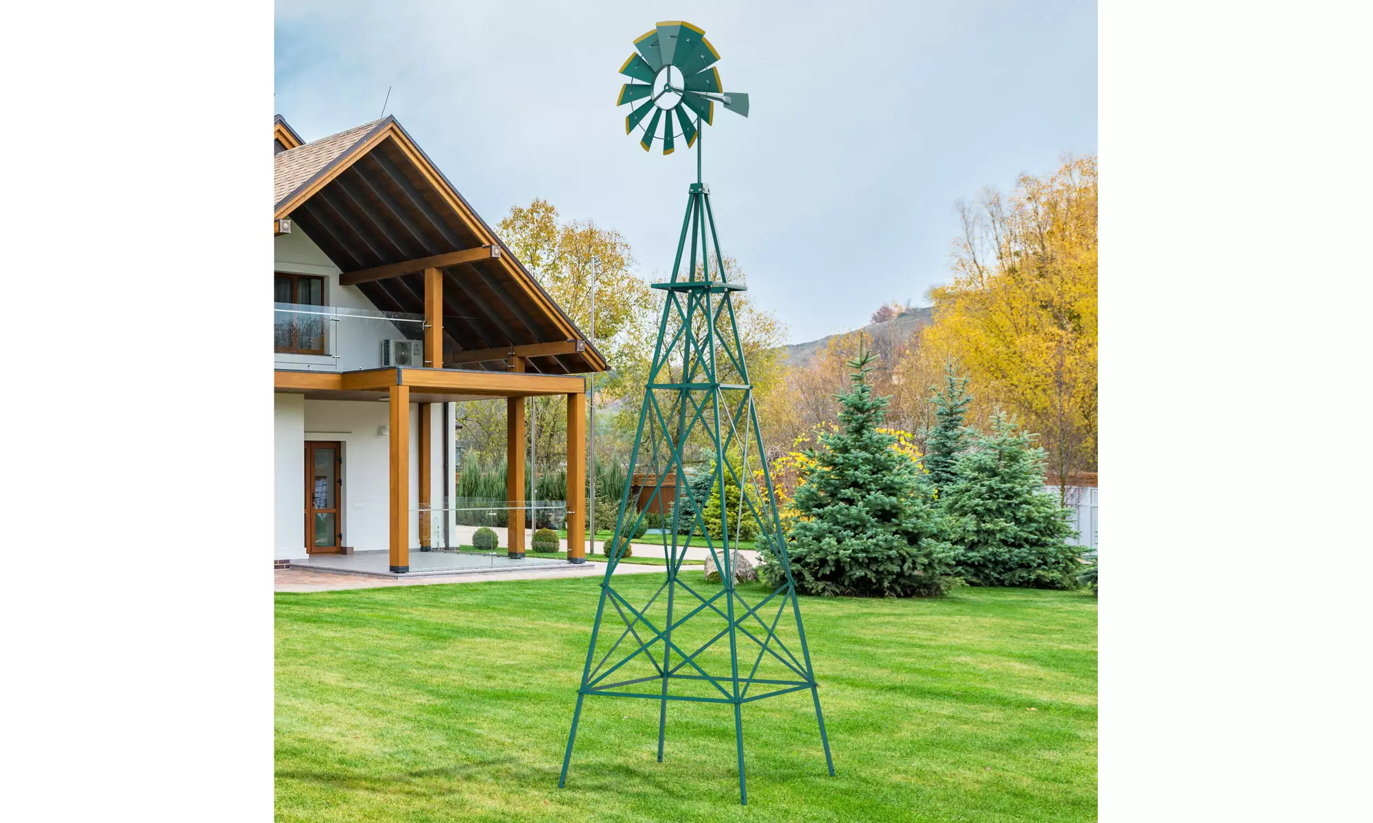 Costway 8Ft Tall Windmill Ornamental Wind Wheel Silver Garden Weather Vane