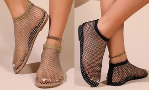 Womens Shiny Mesh Flats Sandals Hollow Out Rhinestone Sandals