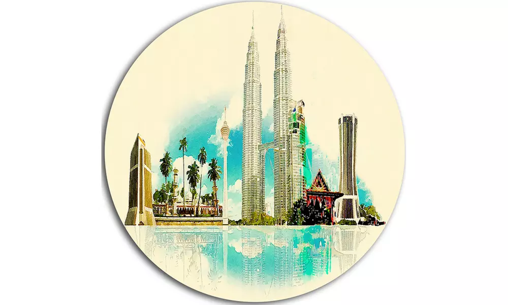 Kuala Lumpur Panoramic View' Disc Cityscape Watercolor Circle Metal Wall Art - Second Medium