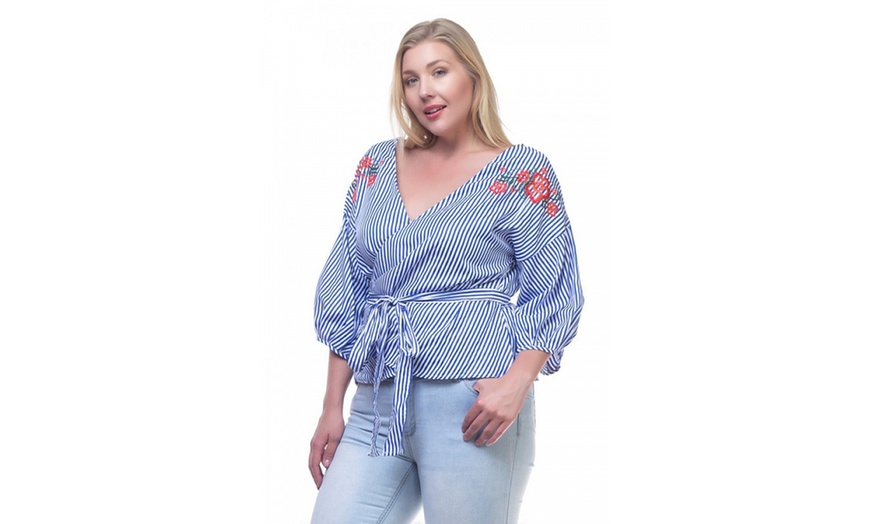Image 2: Floral Stripe Surplice Neckline Shirts
