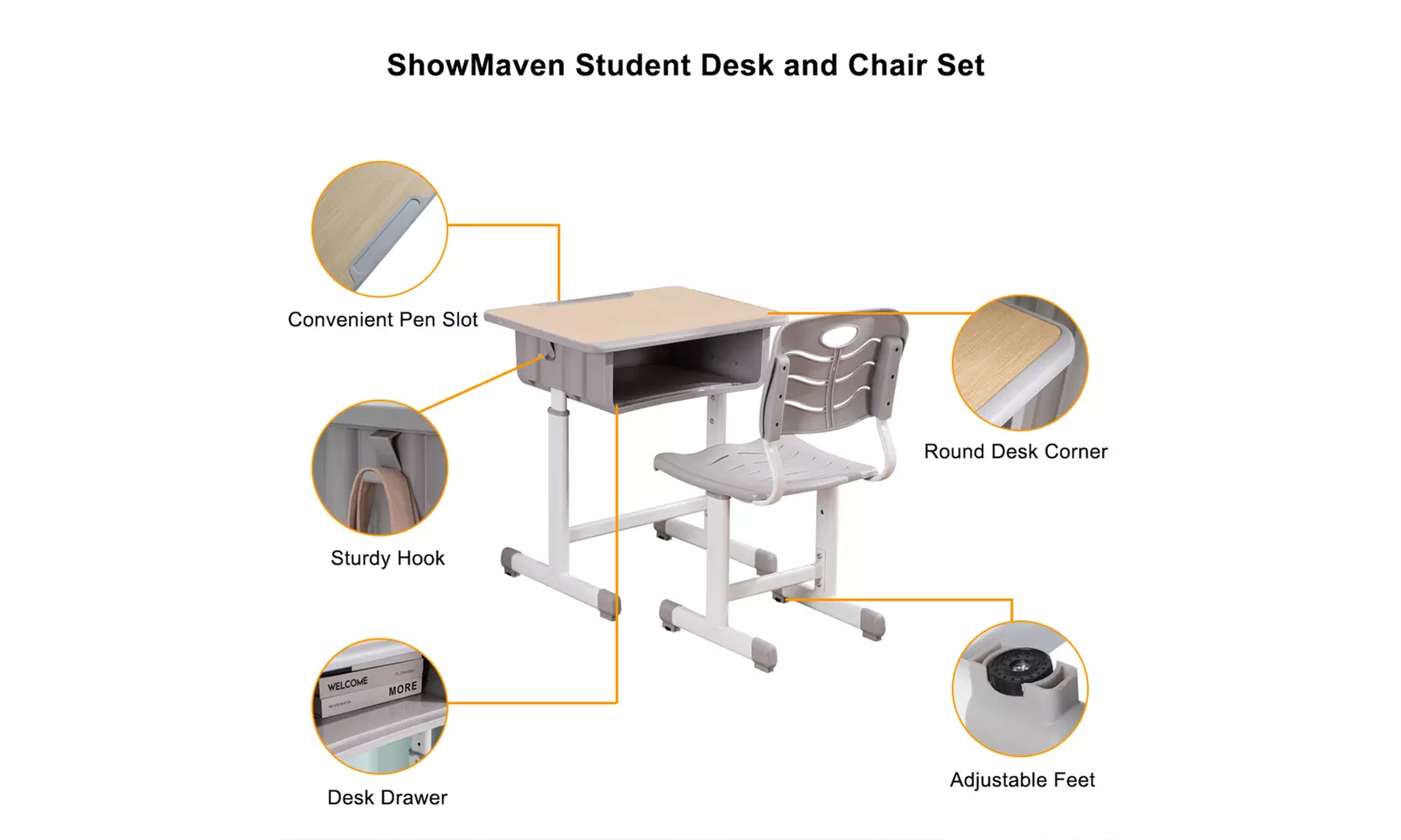 Adjustable Students Children Desk and Chairs Set Light Grey