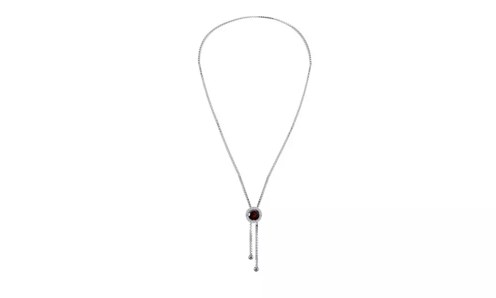 Garnet & White Topaz Round Halo Drop Adjustable Lariat Necklace in 925 Silver - Second Medium