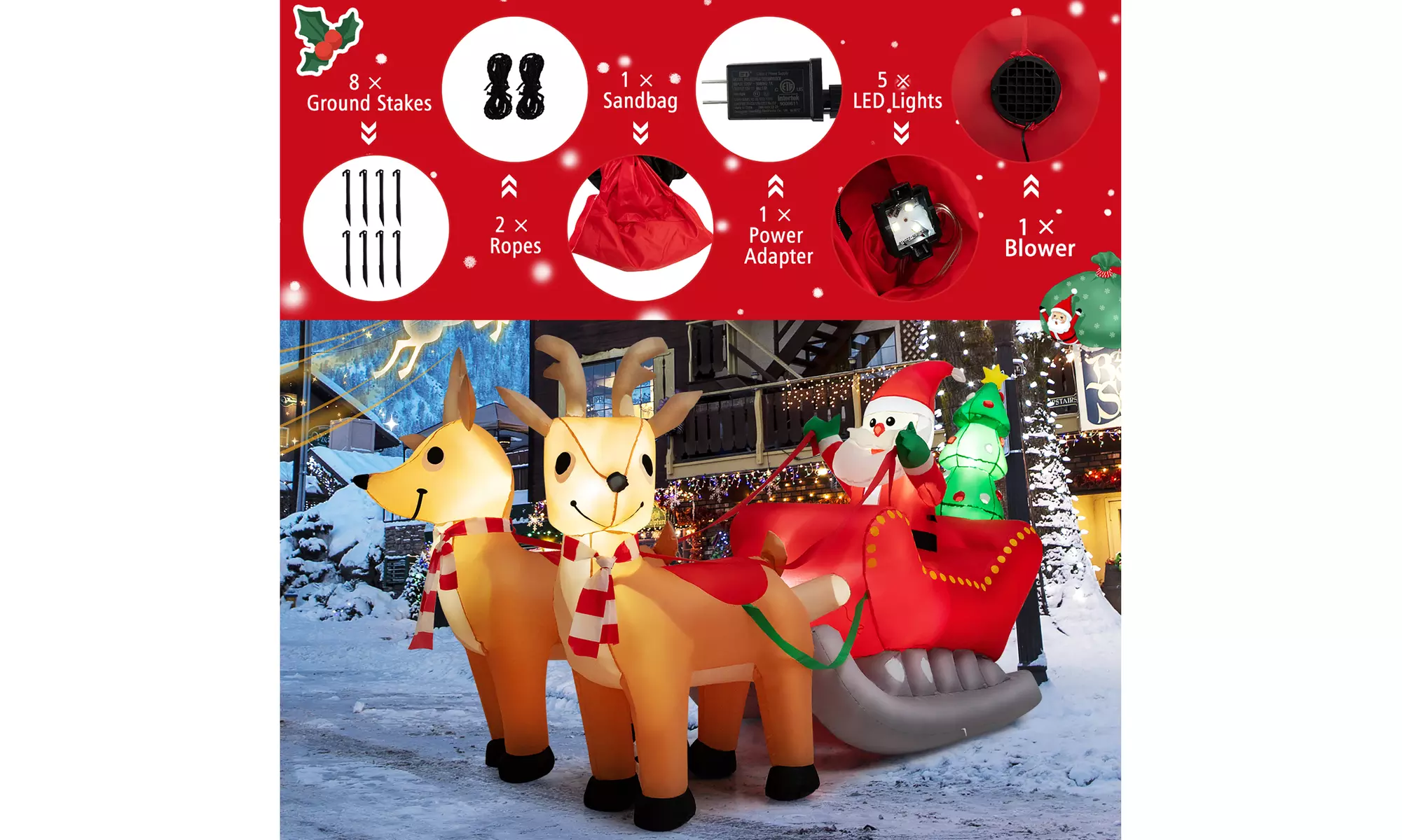 Costway 7.2 FT Inflatable Santa Claus Sleigh Reindeer LED Lights Christmas Tree