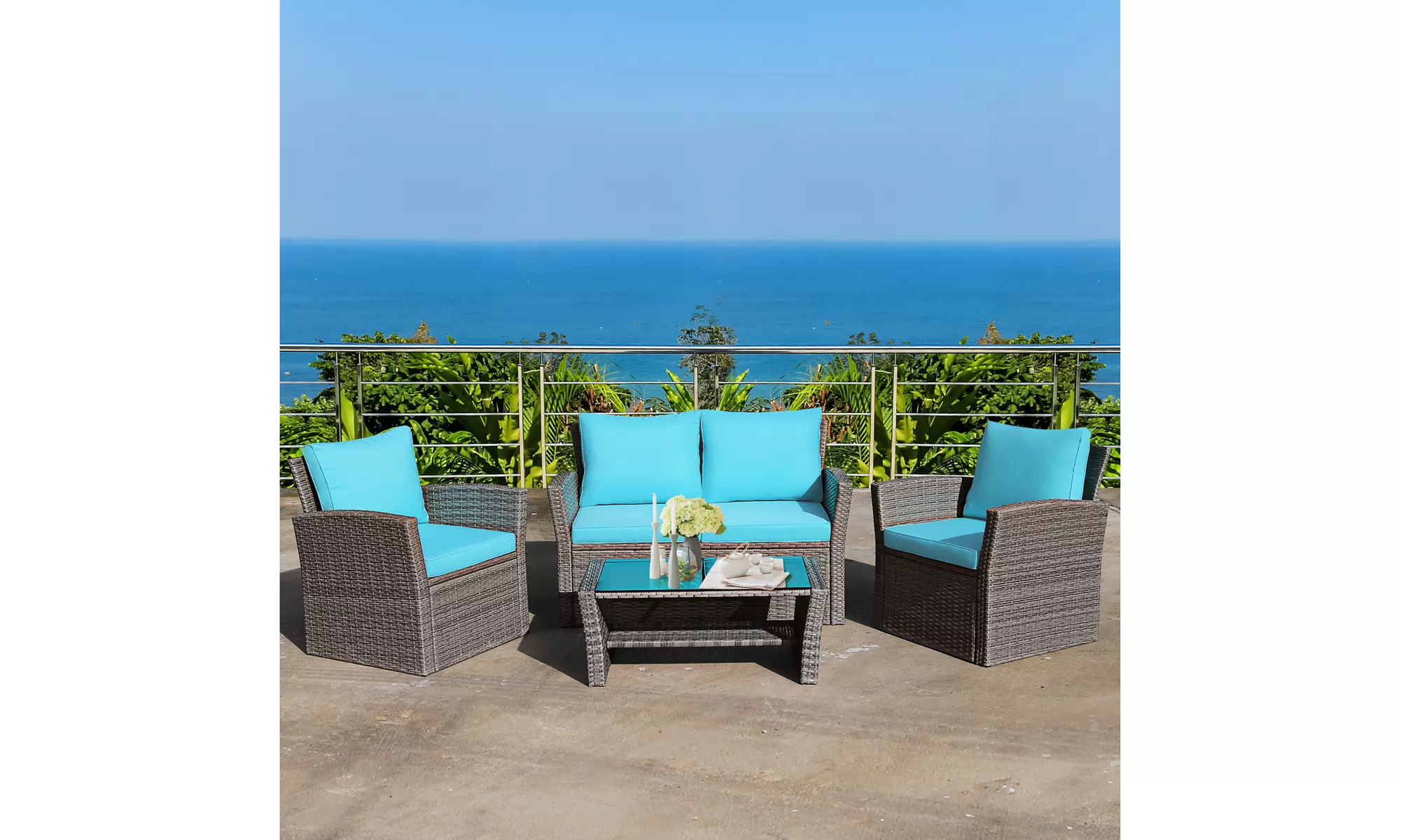 Costway 4PCS Patio Rattan Furniture Set Sofa Table W/Storage Shelf