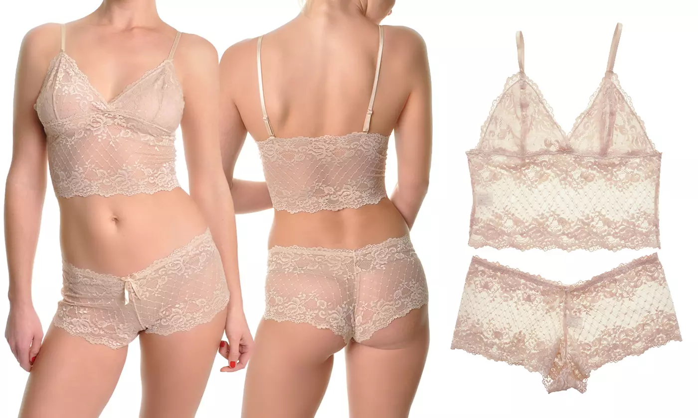 Lace Cami Bralette and Boxer Shorts Lingerie Set - Primary Image