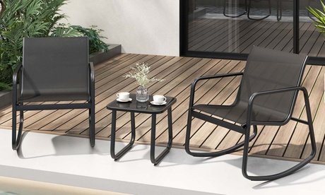 Costway 3 Piece Patio Rocking Set 2 Rocking Bistro Chairs & Glass-Top Table Black