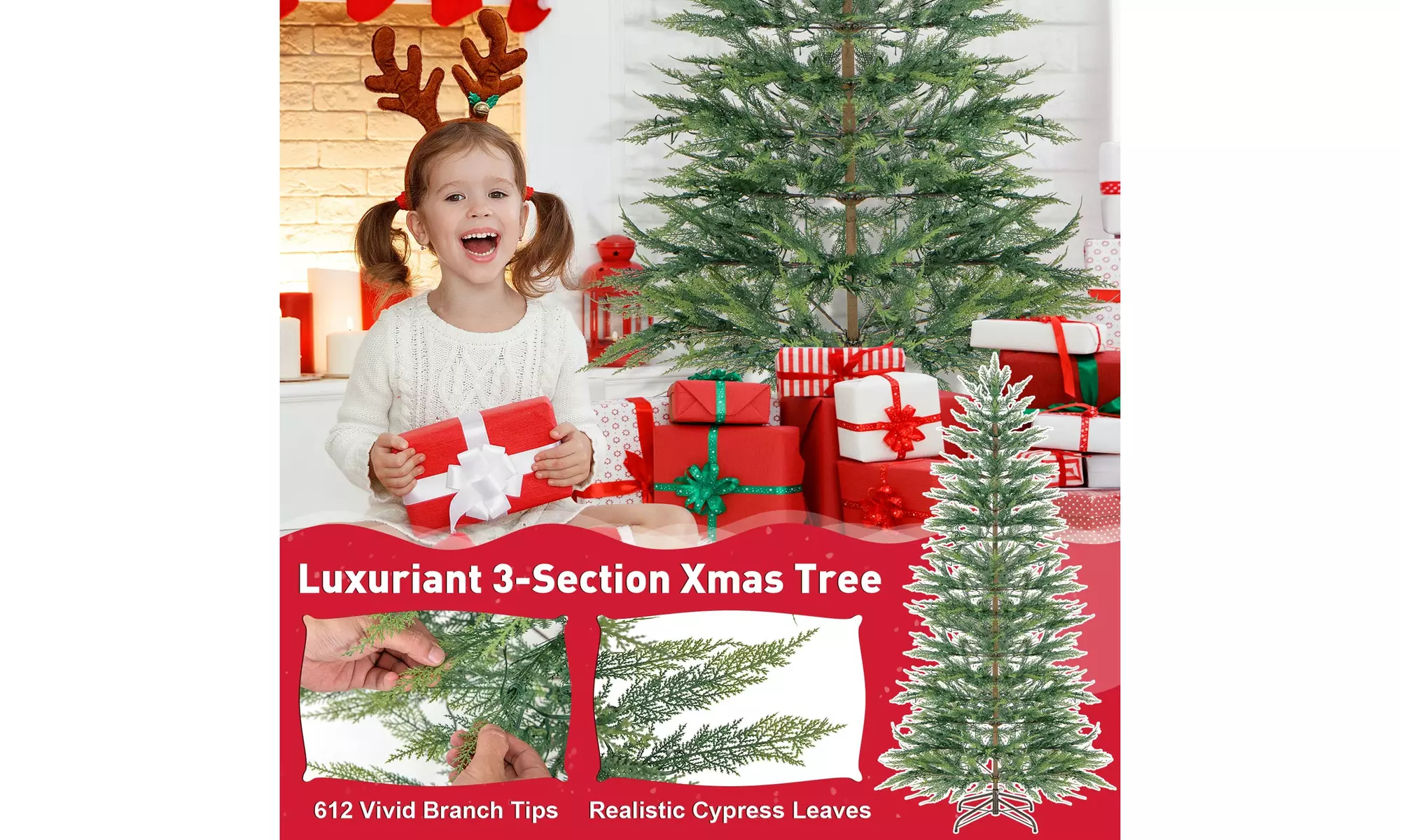 Costway 6.5/7.5 FT Pre-Lit Christmas Tree Hinged w/ Branch Tips Timer Lights