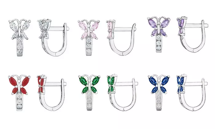 14K White Gold-Plated Kids' Butterfly Crystal Earrings - Primary Image