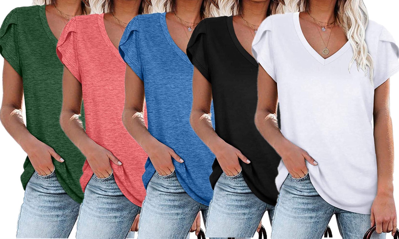Womens Petal Sleeve Tunic Tops V Neck Short Sleeve Shirts