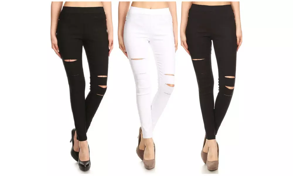 3-Pack Women's Pull-On Jean Leggings Ripped Distressed Jeggings S-3XL