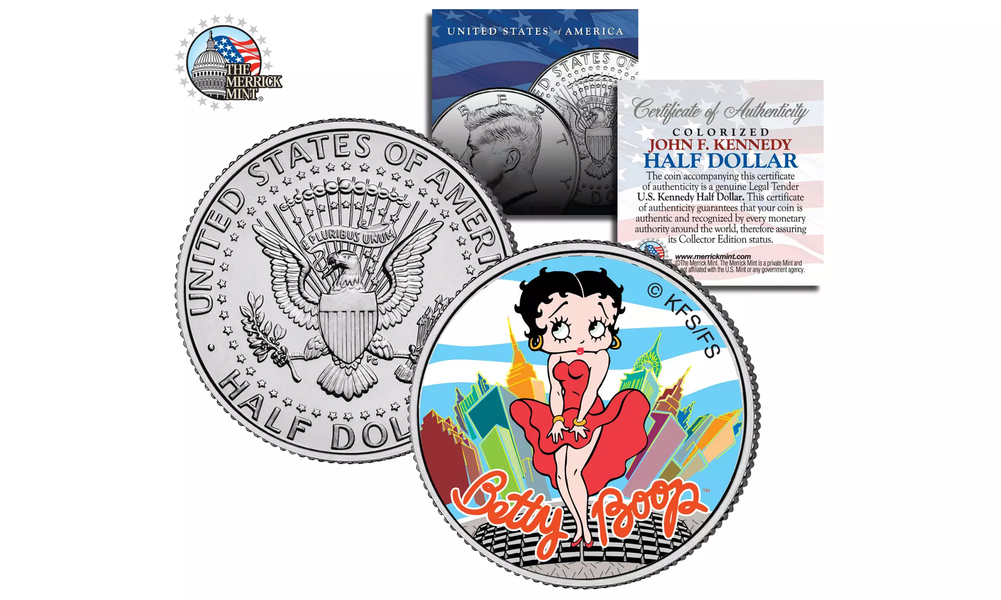 Betty Boop Collectibles - Choice of JFK Half Dollar or 3-Coin State Quarter Set