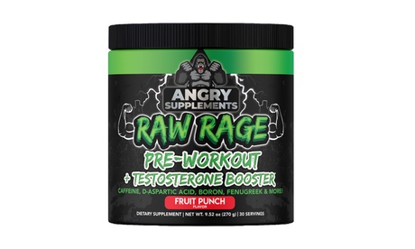 Angry Supplements Raw Rage Pre-Workout Testosterone Booster Powder Fruit Punch 270G Fruit Punch