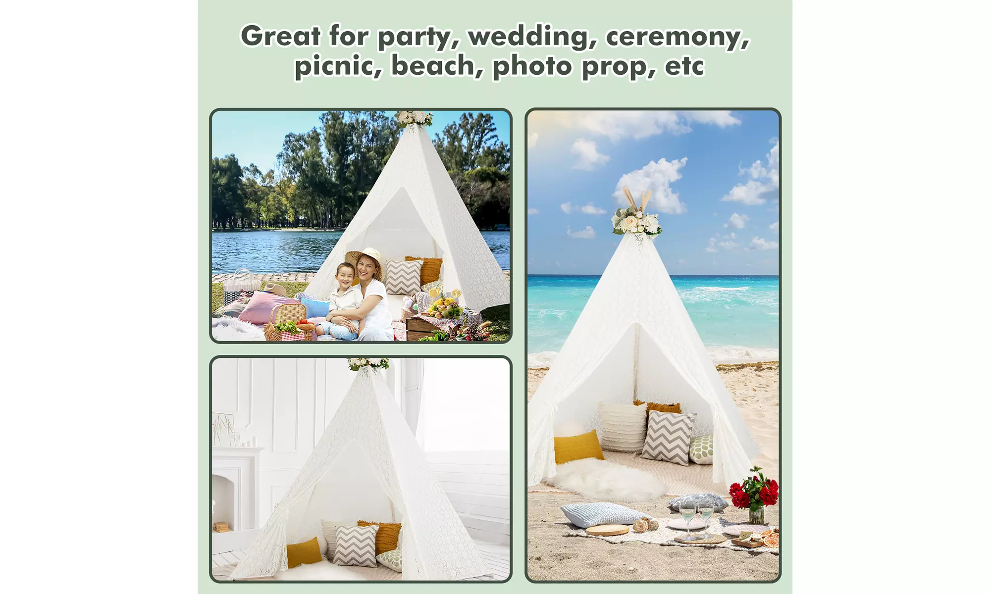Costway 85'' Height 5 Sides Huge Lace Play Tent for Kids Adult Wedding w/ Light