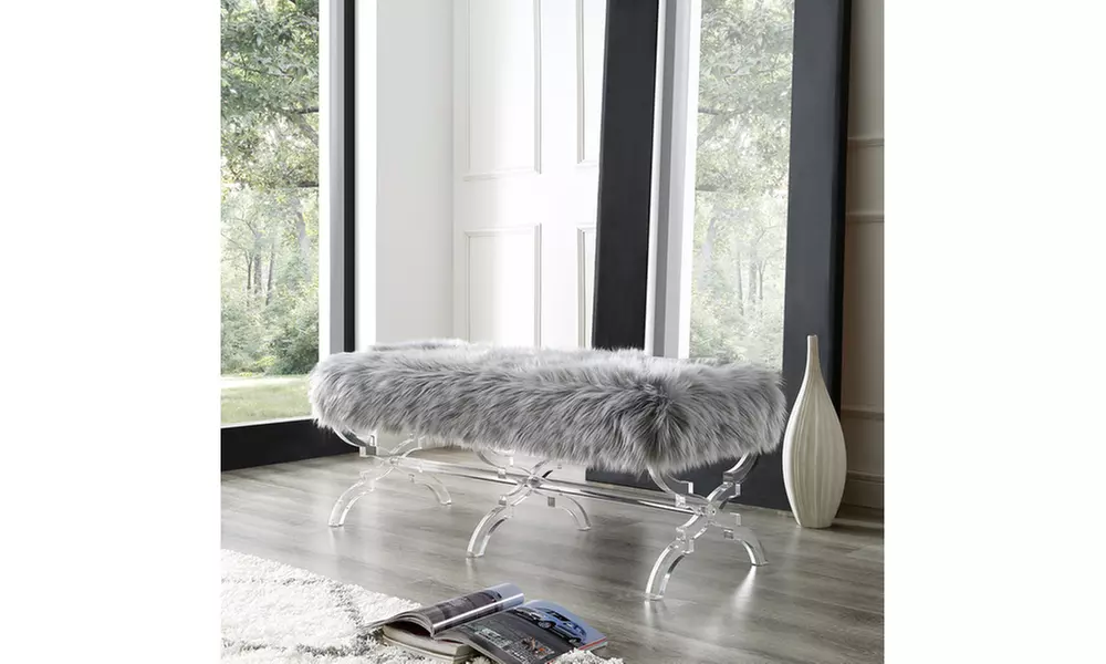 Vicky Faux Fur Bench with Acrylic X-Legs - Primary Image