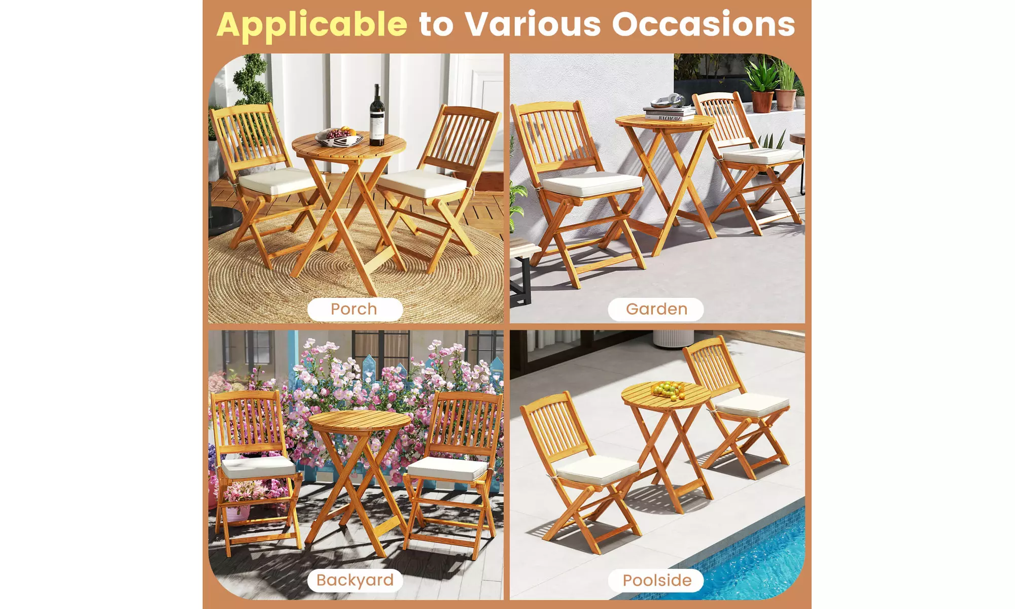 Costway Outdoor Folding Chairs Acacia Wood High-Back Chair with Seat Cushions
