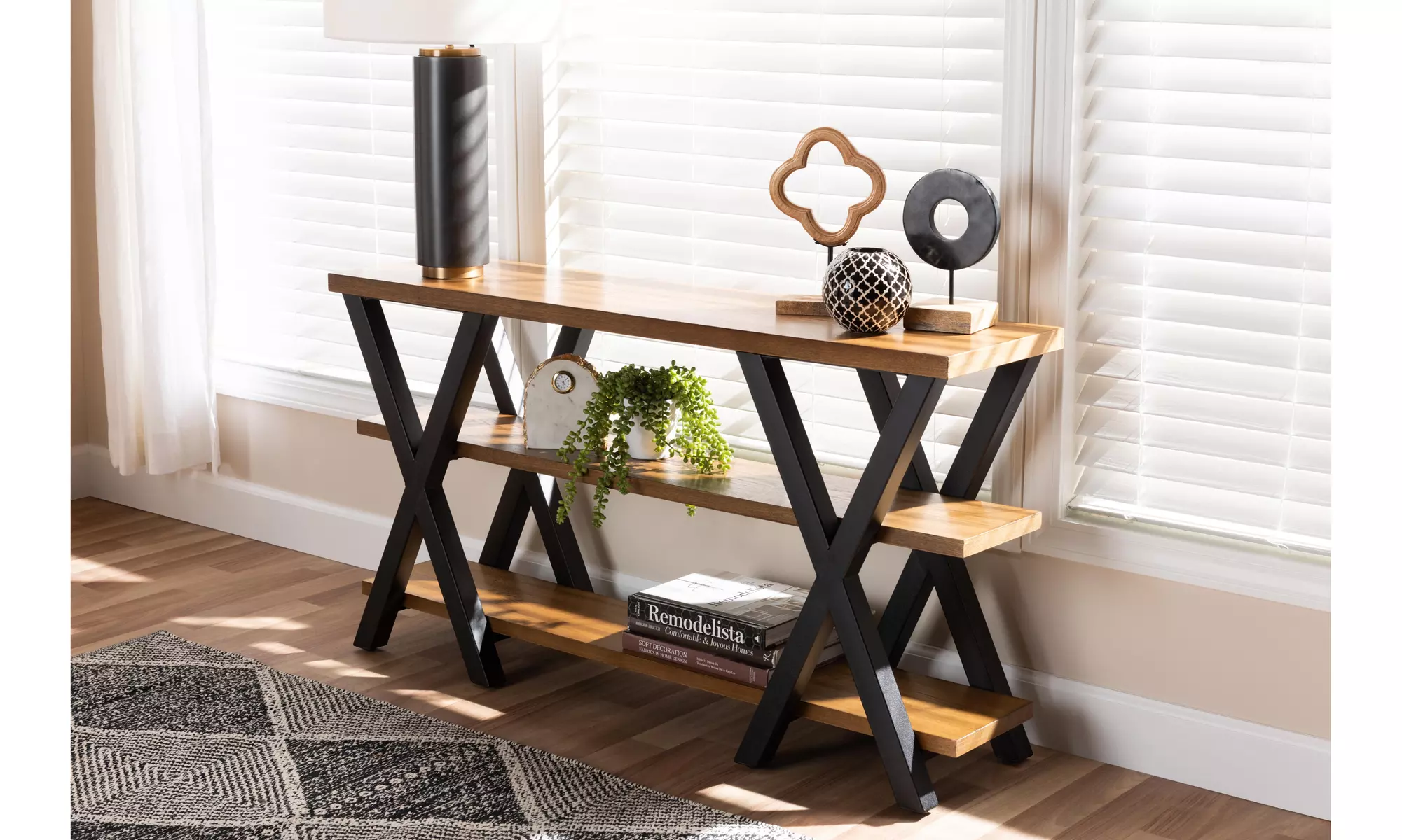 Empire Rustic Industrial Wood and Metal Criss Cross Console Table - Second Medium