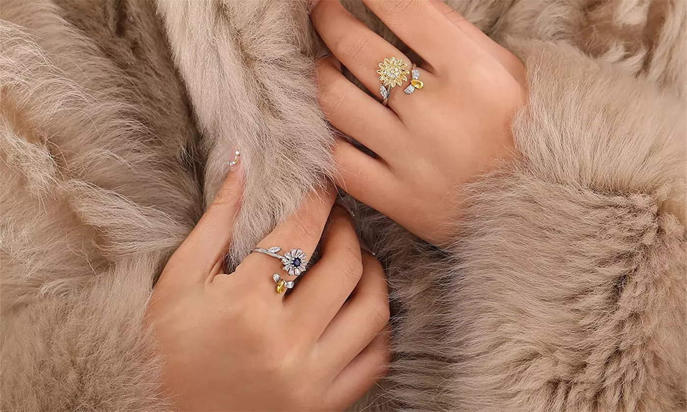 Spinner Fidget Rings Zirconia Daisy Adjustable Open Ring