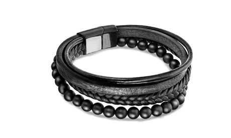 Men'sLeather Bracelet With Magnetic Clasp Alloy Faux Leather Braided Leather Bracelet - Black