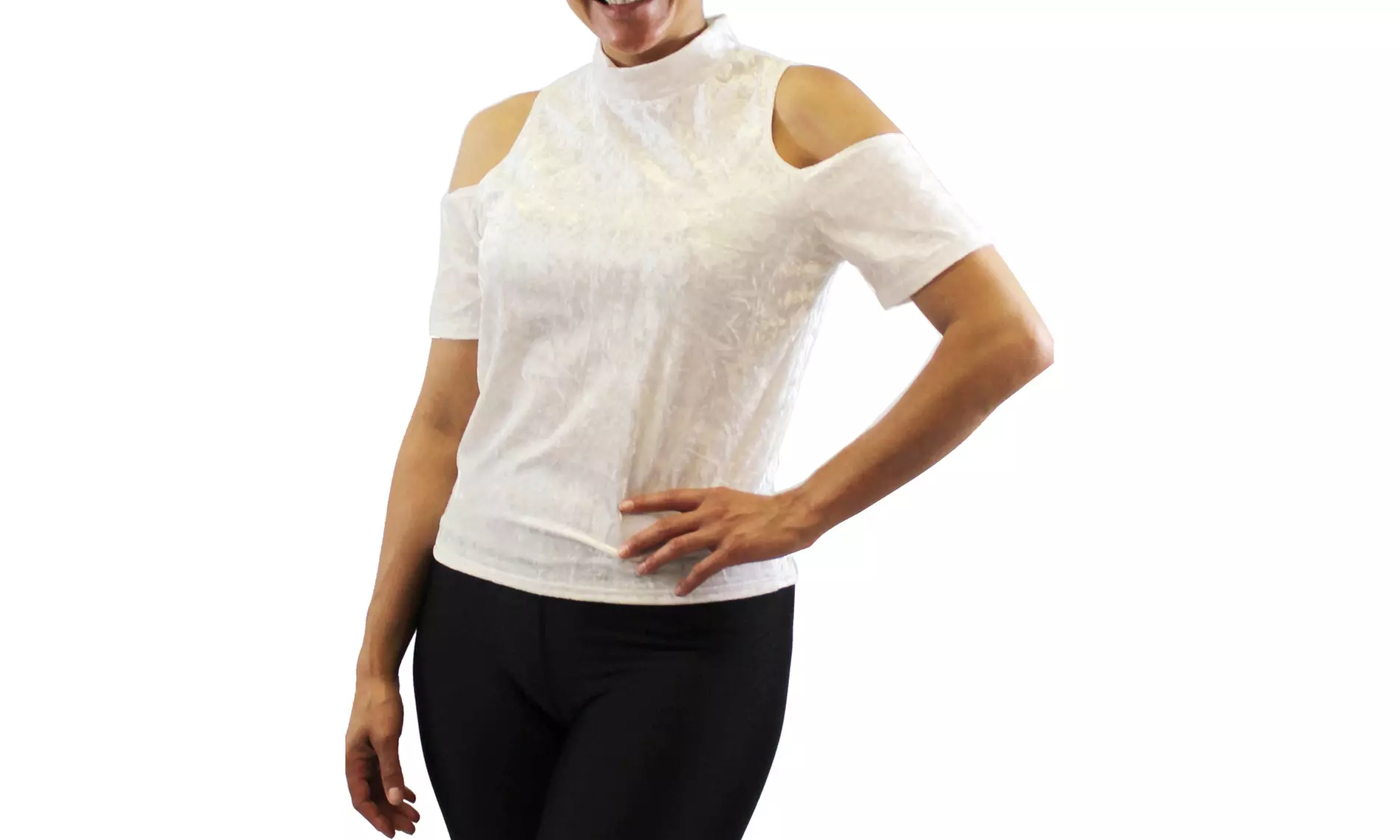 Solid & Floral Print Velvet Turtle Neck Cold Shoulder Stretch Blouse - Second Medium