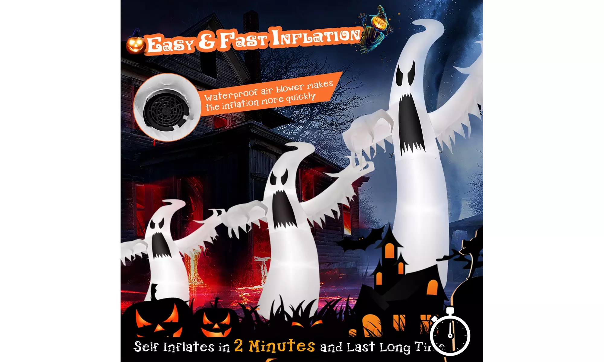 12ft Halloween Inflatable Ghost Quick Blow up LED Lights Outdoor Yard Scary