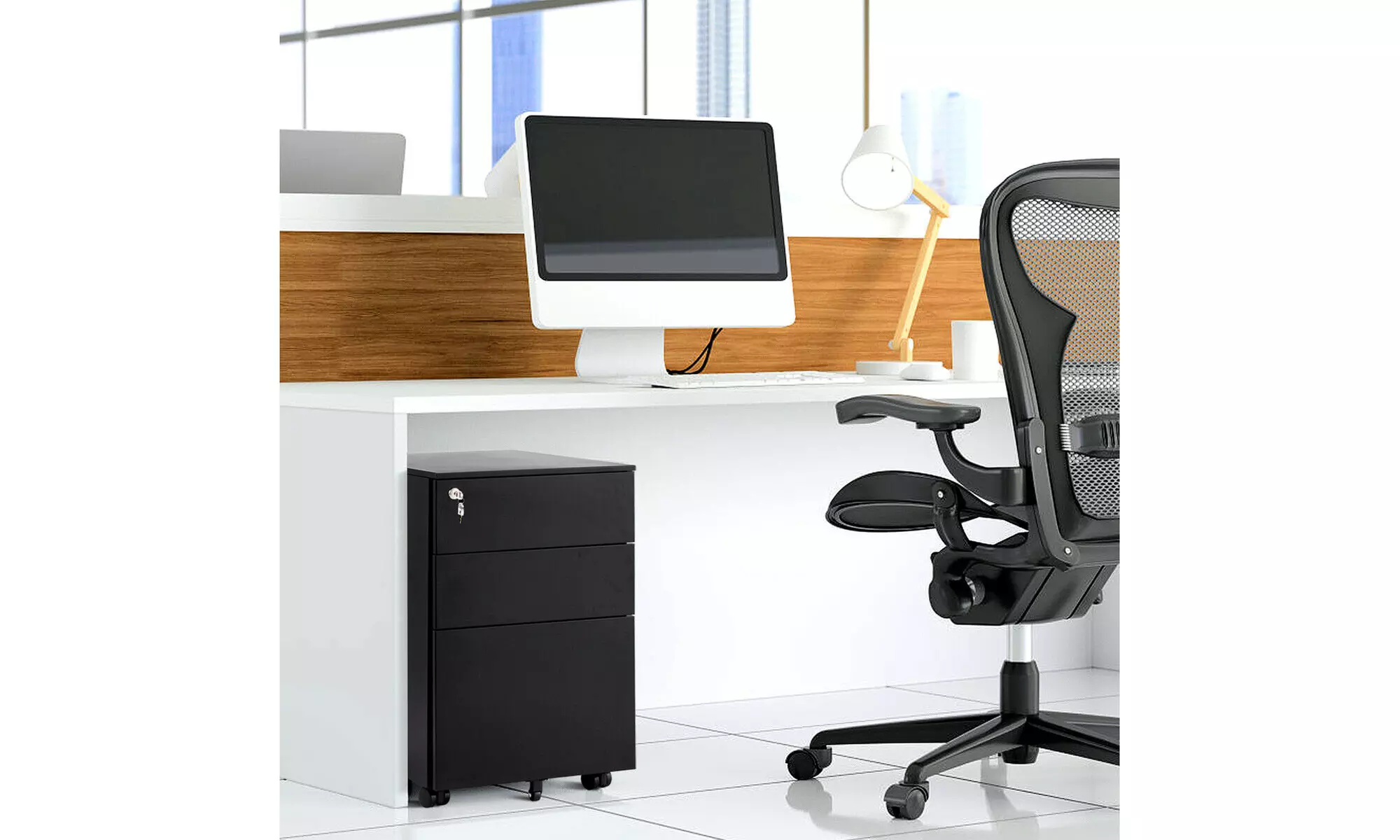 Costway Locking Filing Cabinet-Black,Pedestal Under Desk W/Wheels and Drawers