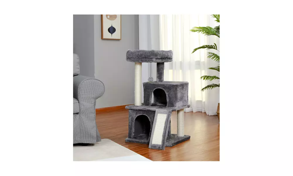 34 Inches Cat Tower with Double Condos, Spacious Perch Gray