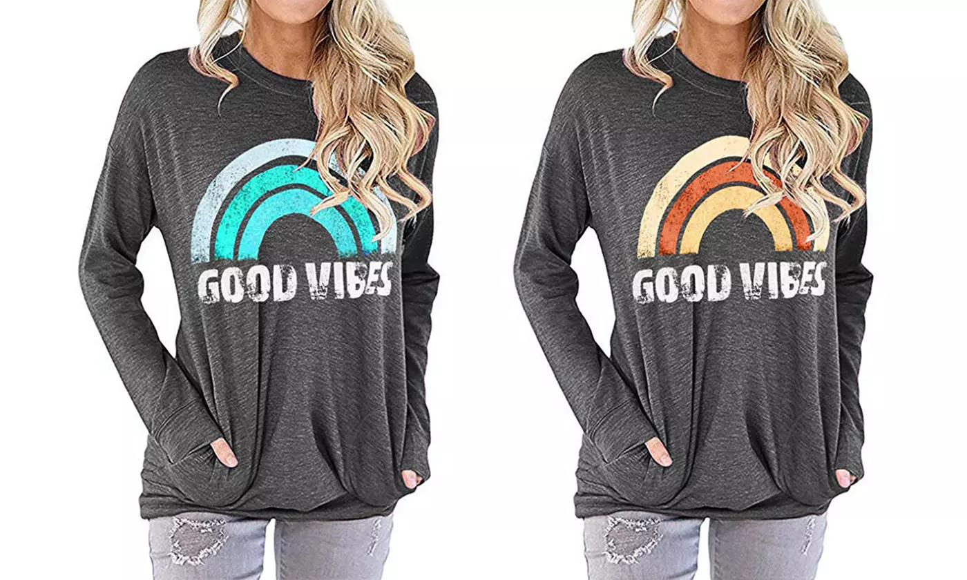 Women Hedging Comfy Long Sleeve Blouse Crewneck Rainbow Graphic Tunic - Primary Image