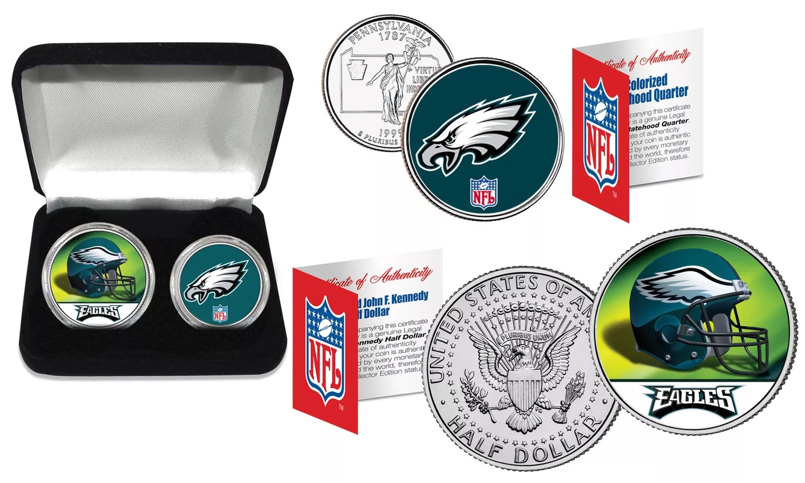 PHILADELPHIA EAGLES Officially Licensed NFL 2-Coin Set w/ Deluxe Display Box