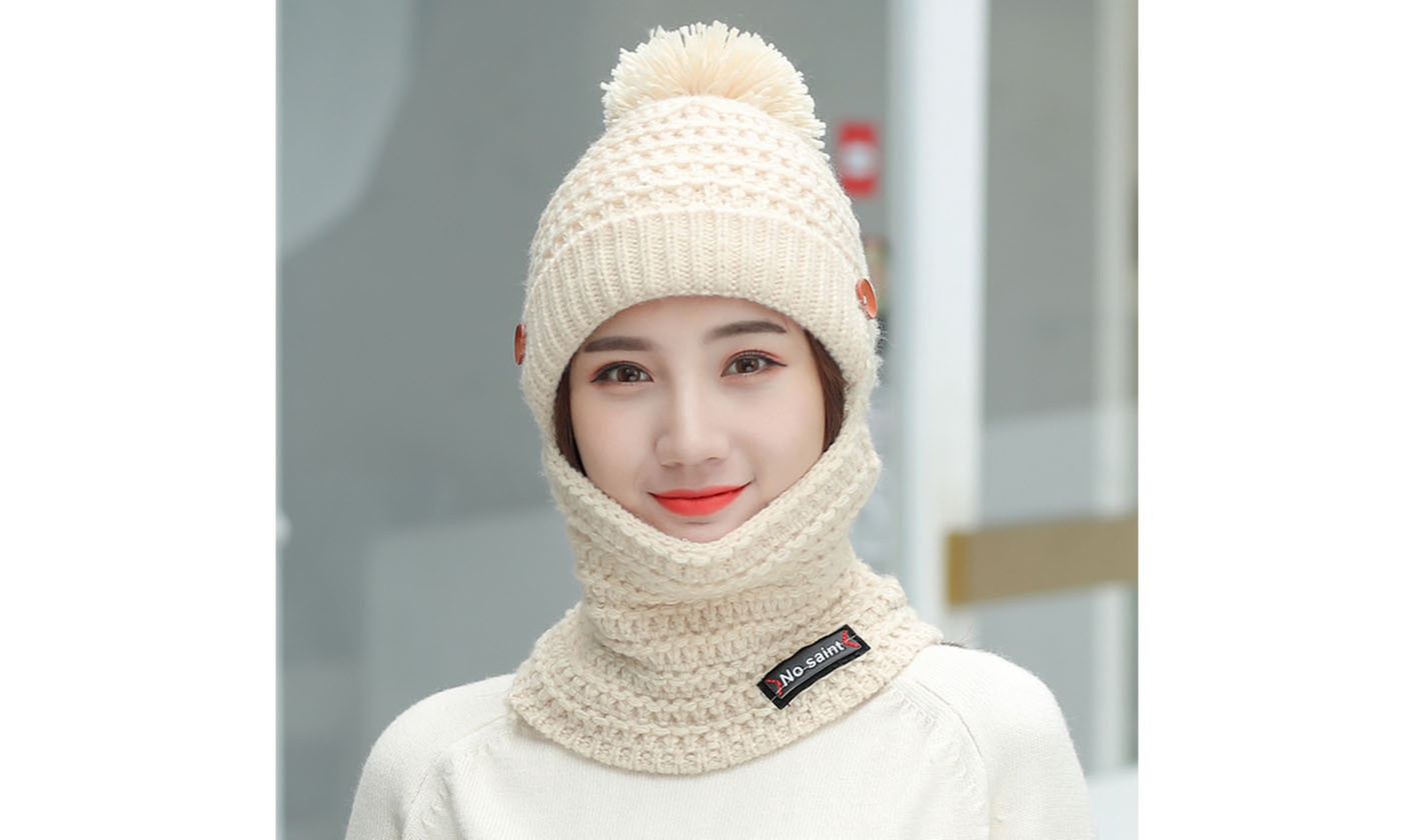 Women Knit Scarf Hat Set Winter Warm Solid Pom Soft Venonat Beanie Caps Scarves
